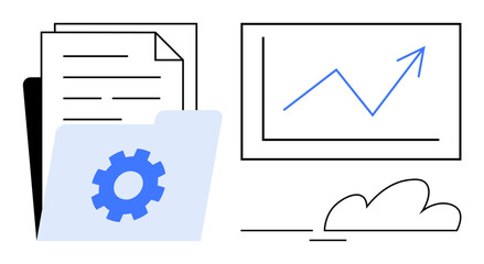Folder with gear icon, documents, and increasing line chart on screen representing progress. Ideal for data analysis, file management, productivity tools, growth, business strategy, cloud computing