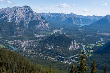 Majestic view of Banff surrounded by towering mountains and lush valleys under a clear sky