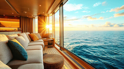 Fototapeta premium A luxury cruise suite with floor-to-ceiling windows offering breathtaking ocean views.