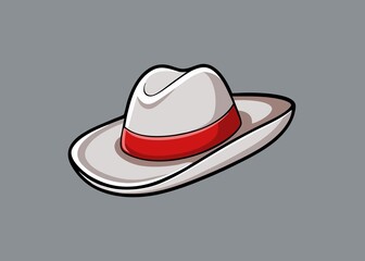 Stylish white fedora hat with a red band on a gray background