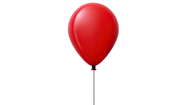 vivid red balloon standing tall with black string on white background