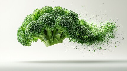 Fresh Broccoli Head in Mid-Air with Sprinkles of Green Dust
