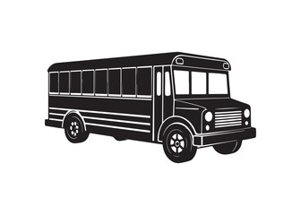 Public school bus vector silhouette, black transport vehicle icon illustration.
