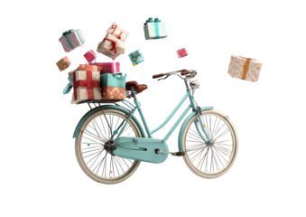 A teal bicycle with many colorful presents flying around it