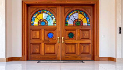 Obraz premium Elegant Wooden Door: An elegant wooden door stands as a testament to artistic craftsmanship, the beautiful stained-glass windows radiate vibrant hues, the perfect fusion of artistry and functionality.
