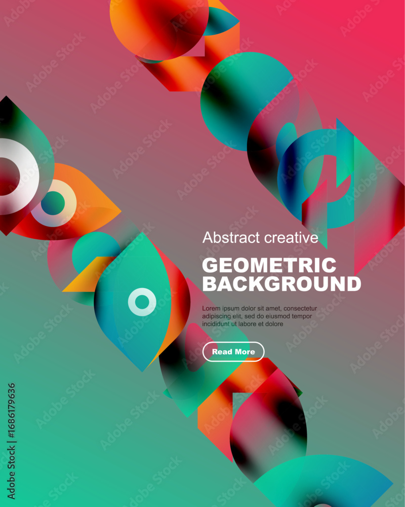 Poster vibrant geometric shapes overlap, creating dynamic abstract background. text promotes creative conte