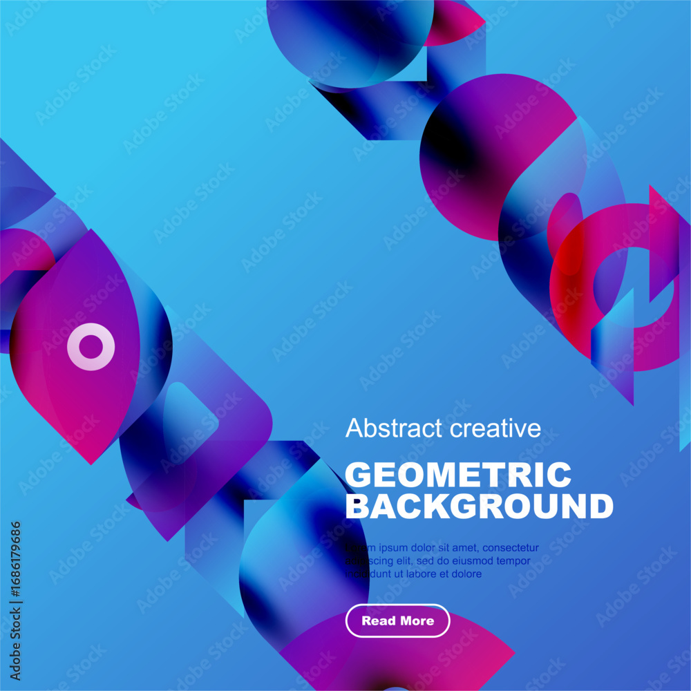 Poster bright abstract shapes overlap blue backdrop. modern design features gradients, curves, text promoti