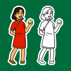 Chinese Woman in Cheongsam Holding Mooncake Sticker Illustration