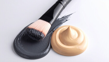 Makeup Brush and Swatches: Close-up shot of a makeup brush laying on swatches of foundation, evoking the essence of beauty and self-care, this photo is perfect for articles regarding cosmetics