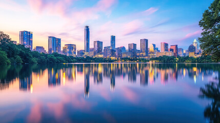 Fototapeta premium A panoramic shot of a city skyline reflecting on the water during sunset.