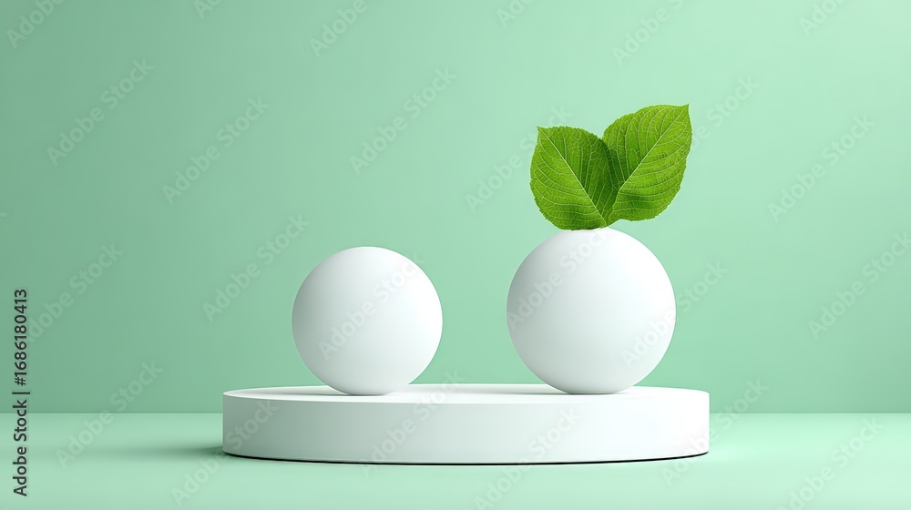 Poster minimalist white spherical objects with one plant-wrapped object on a pastel green background for mo