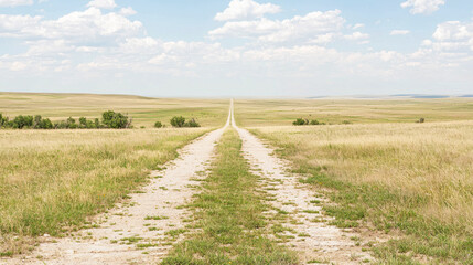 Obraz premium A flat, straight road cutting across a vast open plain, with only a few distant trees.