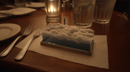 Cloud sculpture miniature landscape surreal art napkin dining table cutlery glass candlelight cozy creative scene. Cloud sculpture floats above blue water napkin dining table with cutlery