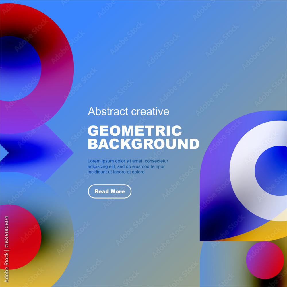 Poster bright abstract design features colorful overlapping circles, text, button. modern geometric backgro