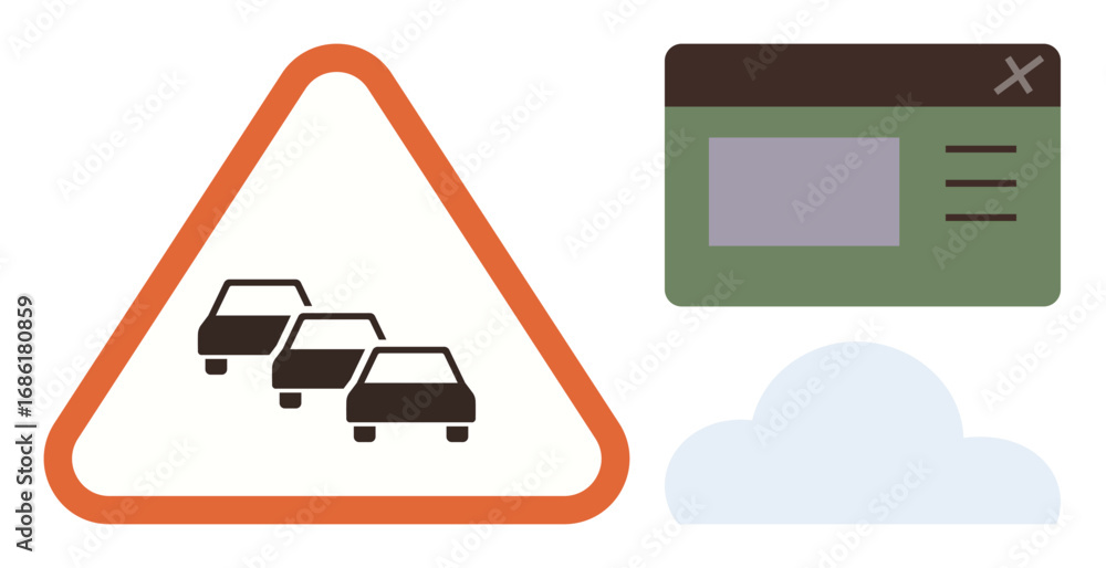 Poster traffic sign indicating congestion, digital window with buttons and fields, and cloud shape icon. id