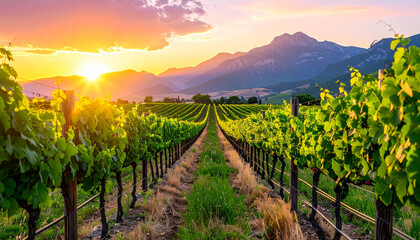 Naklejka premium Vineyard Sunset: Capturing the serene beauty of a vineyard at sunset, with rows of grapevines stretching towards the horizon, bathed in the warm glow of the setting sun and scenic mountains.
