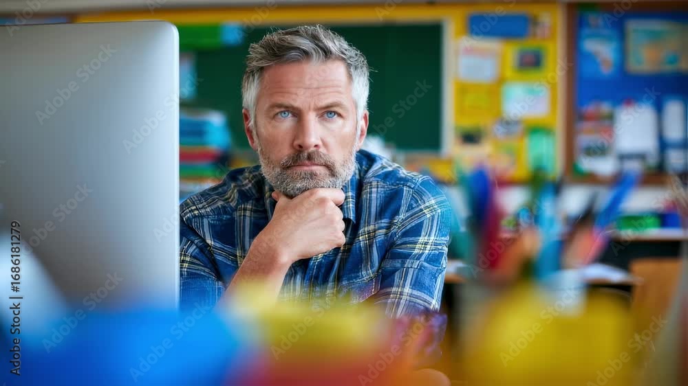 Poster professionally dressed middle manager focused on interactive esg compliance quiz on computer screen 
