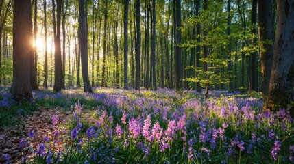Sunlight streams through a forest canopy onto a vibrant carpet of bluebells.