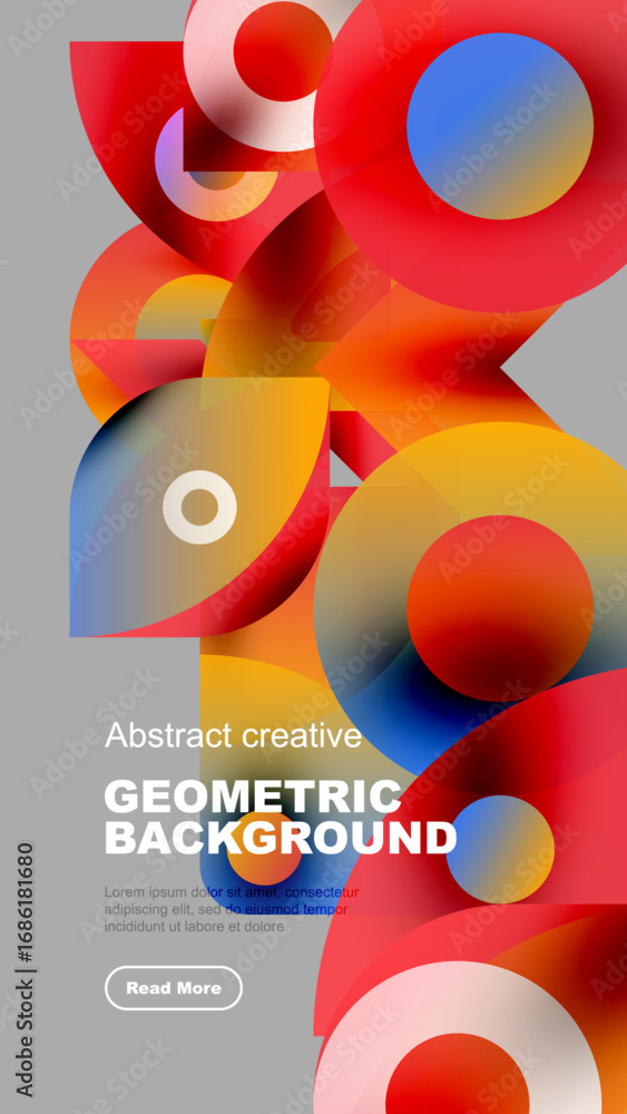 Poster vibrant abstract composition. overlapping geometric shapes create dynamic visual effect. bold colors