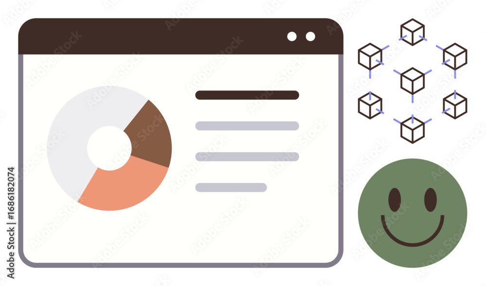 Poster circular chart on browser window, network of cubes, and smiling face. ideal for technology, blockcha