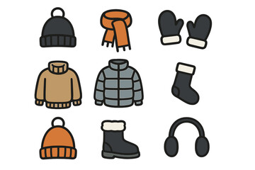 Winter clothing vector icon set. Cozy fashion collection with warm apparel symbols. Cartoon illustration of hat, scarf, gloves, sweater, jacket, boot, and earmuffs. Solid fill.