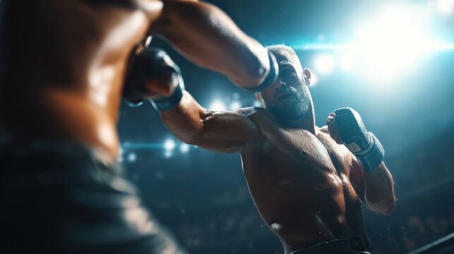 Muscular MMA fighter throwing fast punch in dramatic ring moment with sweat flying and intense stadium light creating energetic mood