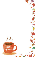 Cozy Autumn – Vertical Watercolor Frame with Hot Drink and Leaves