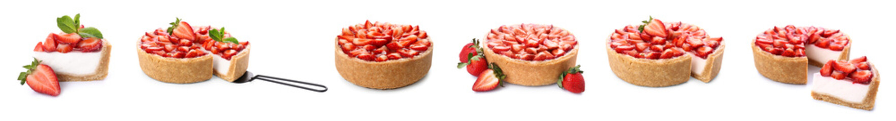 Set of sweet strawberry cheesecake on white background