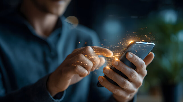 Man using smartphone with glowing digital effect, technology innovation, mobile banking, futuristic communication, modern lifestyle