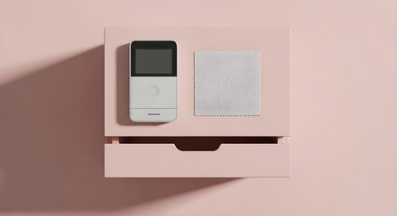 Obraz premium Minimalist flat lay of a gray mobile device and fabric swatch on a pastel pink surface