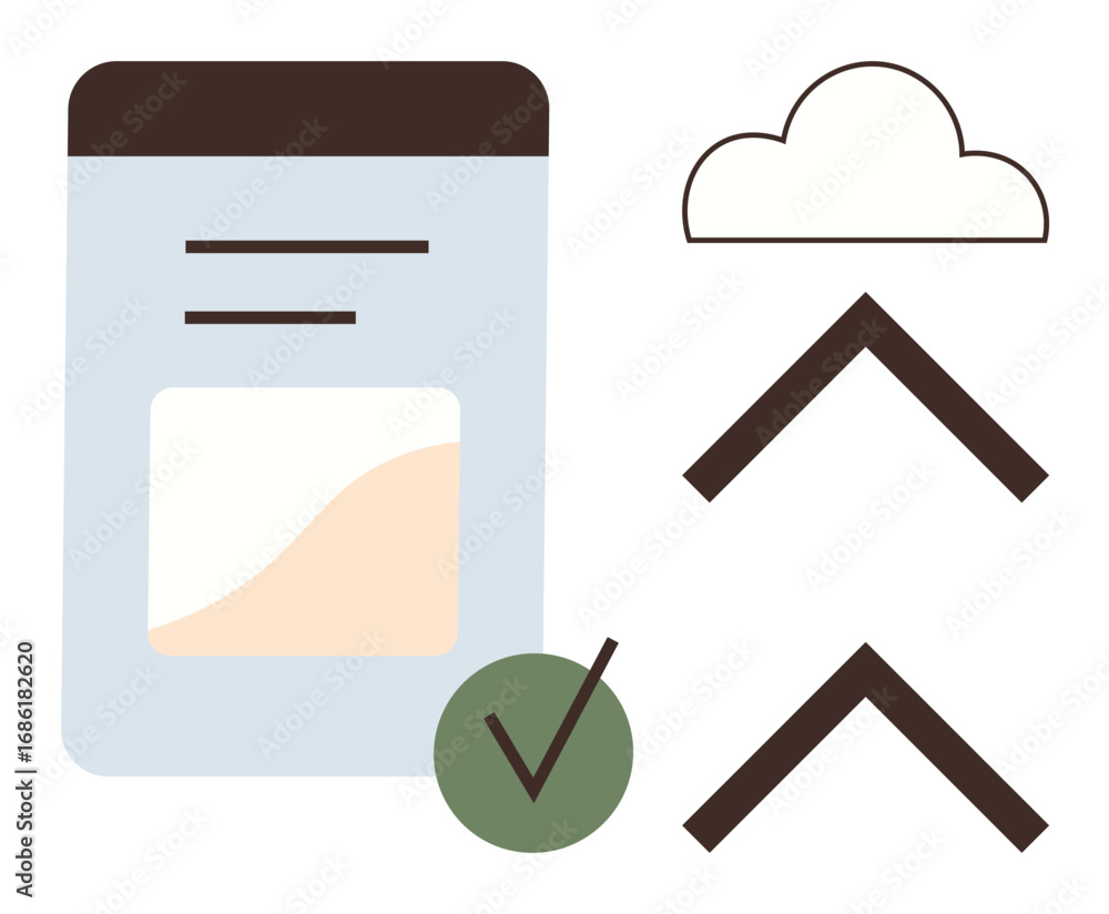 Poster data storage interface, cloud icon, upward arrows, and green checkmark visualizing synchronization, 