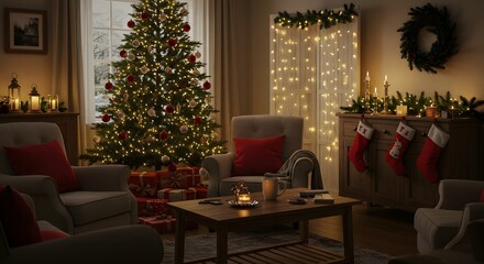 Obraz premium Cozy Christmas Living Room with Decorated Tree and Gifts