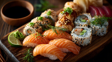 Assorted sushi platter with maki, nigiri, sashimi, rice, fish, and fresh garnish on wooden board, vibrant and appetizing
