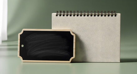 A small blackboard and a blank spiral bound notebook on a pale green surface