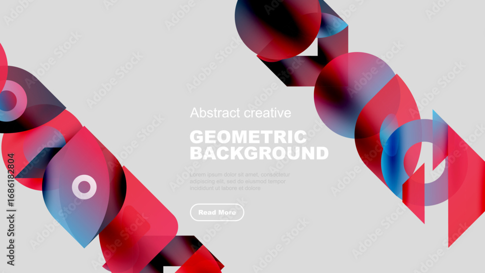 Poster abstract geometric shapes dominate composition. red, blue, white blend creating dynamic visual effec