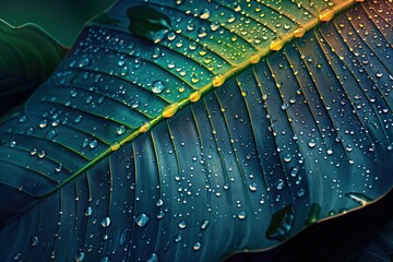 Fototapeta premium Vibrant green leaf macro photography showcasing glistening water droplet after rain revealing intricate natural texture and fresh detail of organic plant life
