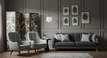 Elegant Living Room Interior with Gray Walls and Modern Furniture