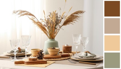 Elegant table setting with floral decor in dining room. Different color patterns