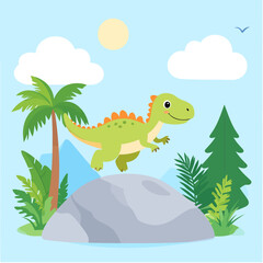 Naklejka premium Cute cartoon green dinosaur standing on a rock.