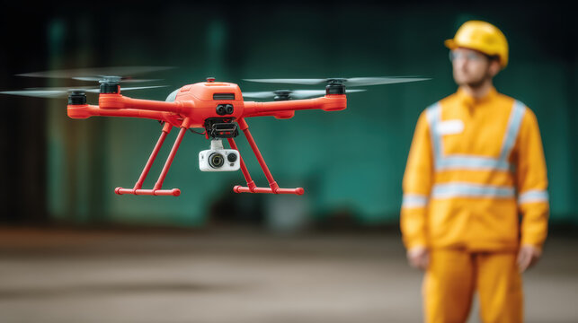 Orange inspection drone hovers near technician in high visibility workwear inside industrial warehouse with cinematic lighting and subtle emotional focus