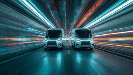 Two futuristic semi-trucks driving fast inside a light tunnel