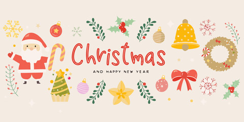 Festive christmas and happy new year banner with santa claus ornaments and snowflakes