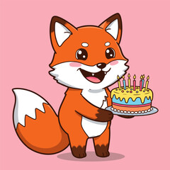 Happy cartoon fox holding a birthday cake with lit candles, smiling against a pink background.
