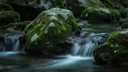 Fototapeta premium A mountain stream flows gently, passing through moss - covered rocks, presenting a fresh and natural mountain water scene. 