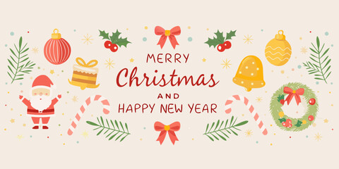 Festive merry christmas and happy new year greeting banner with santa claus ornaments and winter holiday elements