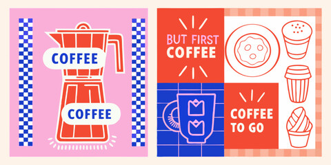 Retro coffee collage with moka pot and to go cups