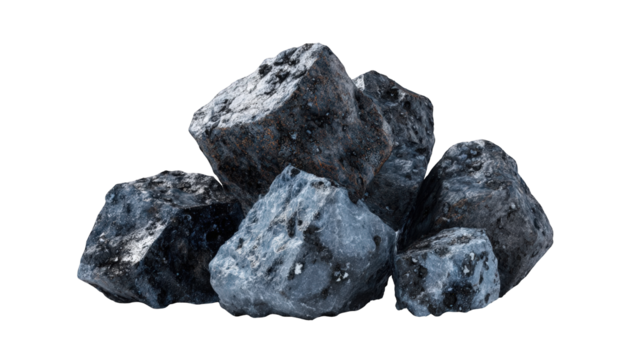 A pile of dark gray and black cubic rocks