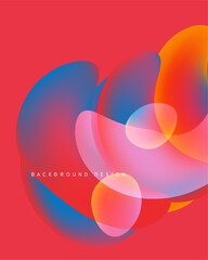 Abstract colorful shapes overlap, creating vibrant visual effect. Red background enhances dynamic composition. Modern design element.