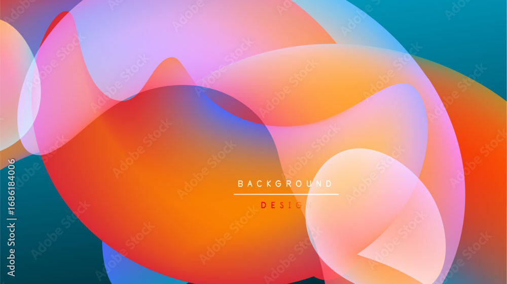 Poster abstract colorful shapes overlap, creating vibrant gradients. background is dark, emphasizing bright