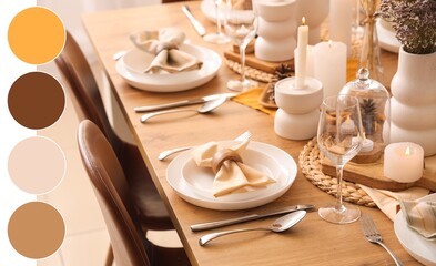 Elegant table setting in dining room. Different color patterns